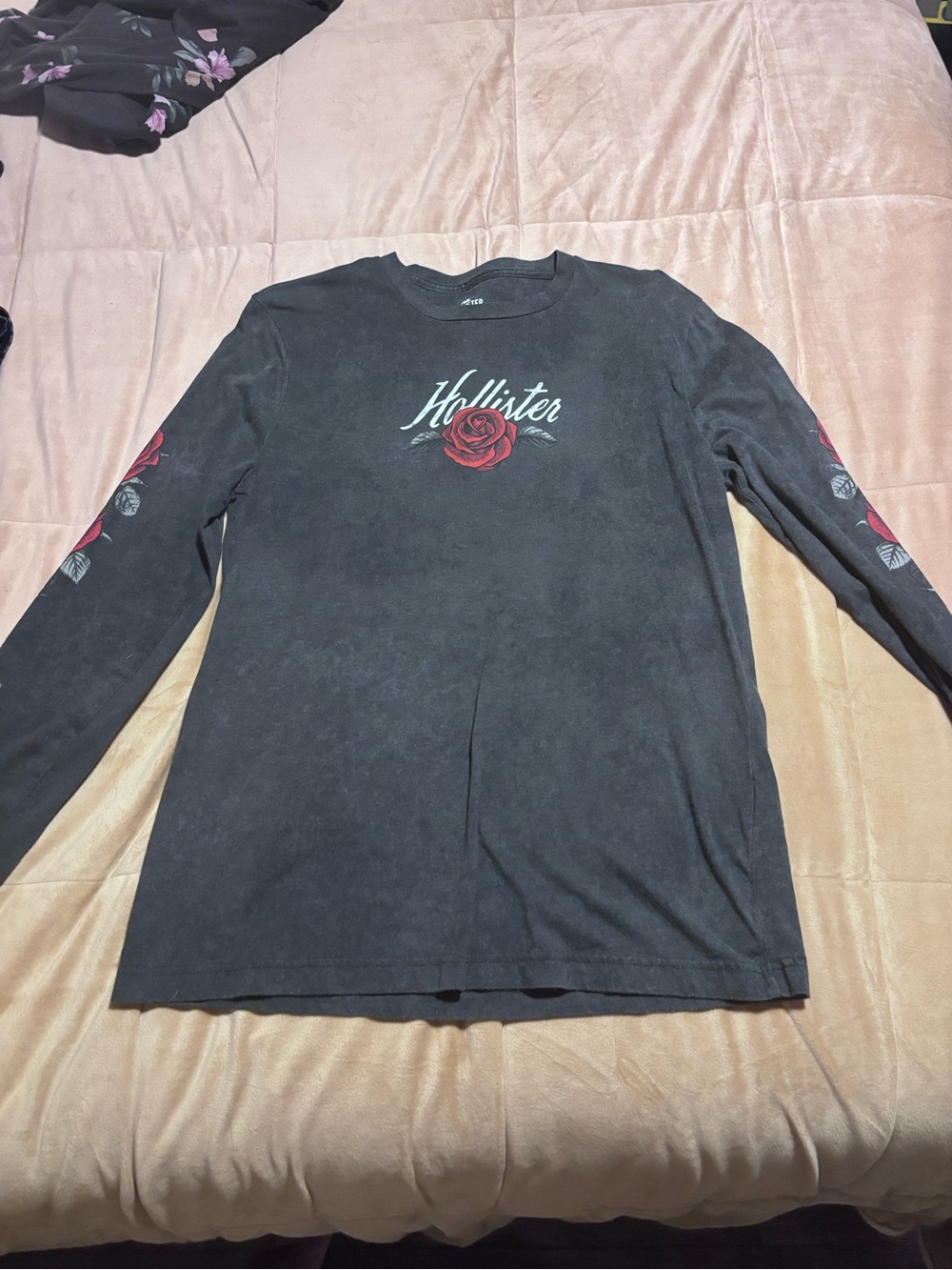 Hollister Black Long-Sleeve Shirt with Red Rose Graphic